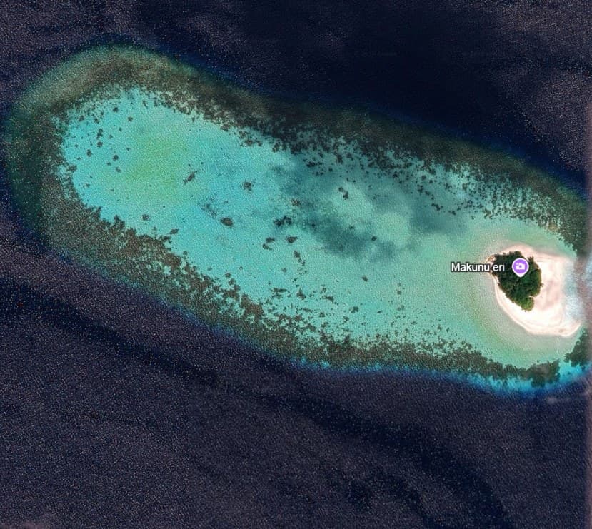 Satellite view of Makunu Eri, Faafu Atoll, as shown in the Miliona Island Estates 2026 brochure